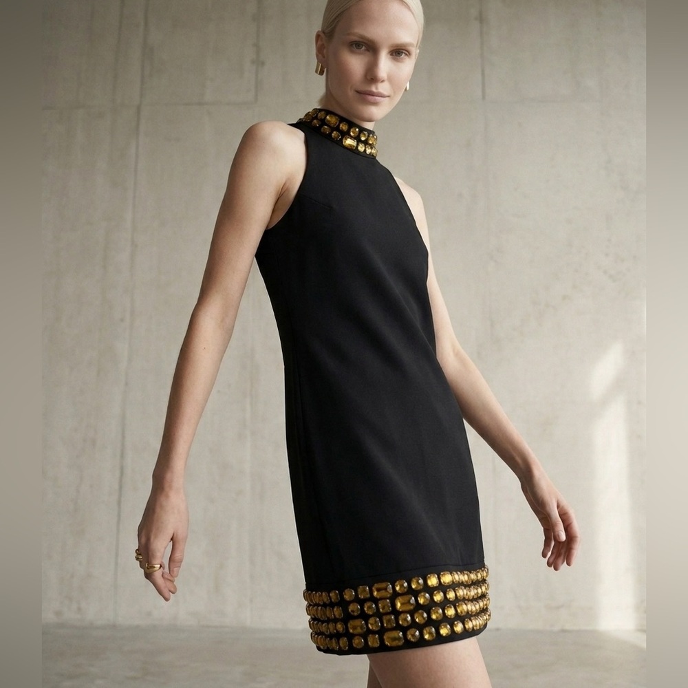 INC International Concepts Black Dress with Gold Embellished Collar & Hem